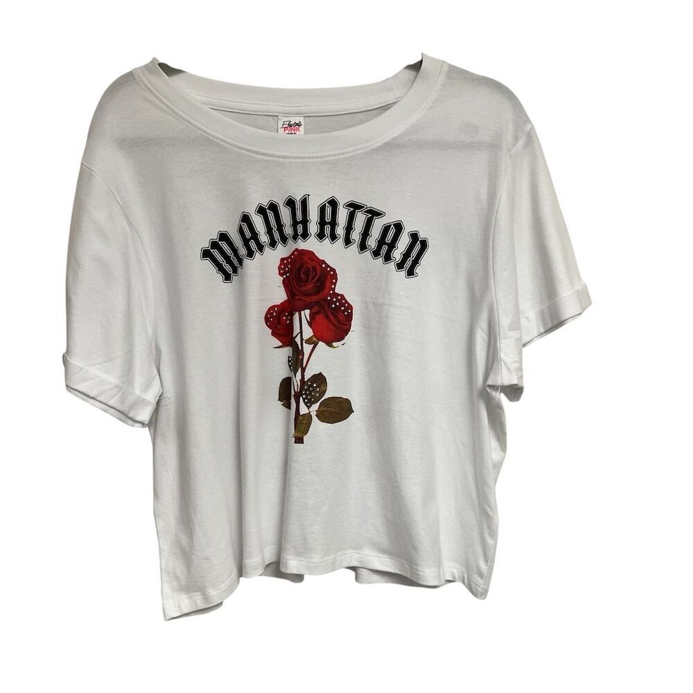 Electric Pink Women's L White Manhattan Rose Graphic Crop Top Casual
